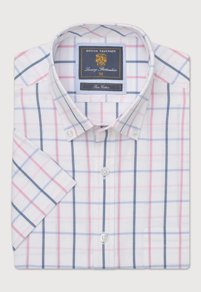 An up close image of a folded Pink Tattersal short sleeved shirt 4738A