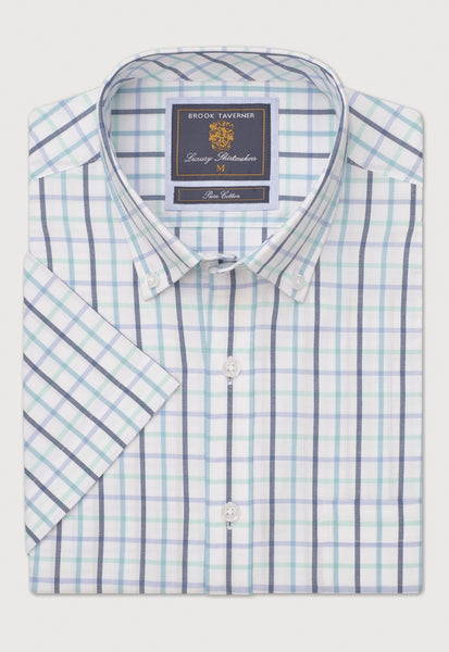 Close up view of a folded Tattersall Oxford Short Sleeved Shirt in Mint Colouring