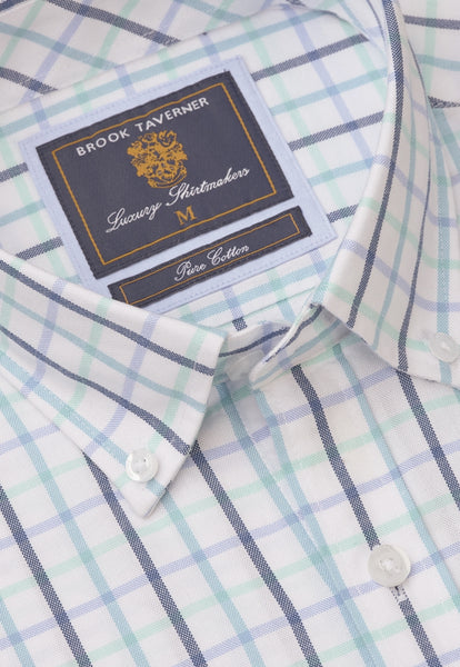 Close up view of the Tattersall Oxford Short Sleeved Shirt in Mint Colouring