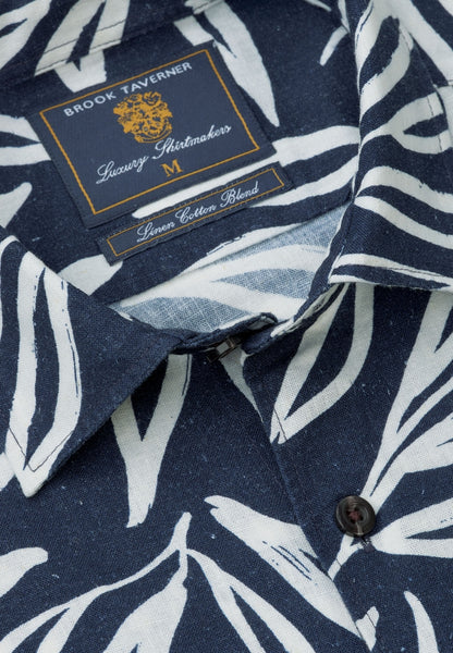 Up close of neckline for the Cotton Linen Navy floral shirt