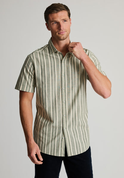Male model wearing the Regular Fit Khaki Cotton Slub Stripe Short Sleeve Shirt