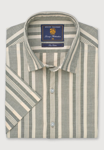 View of the folded Regular Fit Khaki Cotton Slub Stripe Short Sleeve Shirt