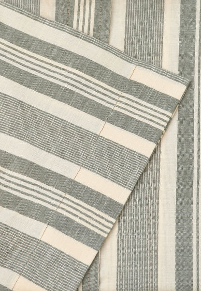 Up close view of the fabric and edge of sleeve of the Regular Fit Khaki Cotton Slub Stripe Short Sleeve Shirt