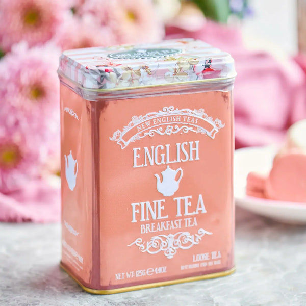 Vintage Floral Portrait Tea Tin on Angle with pretty pink background image