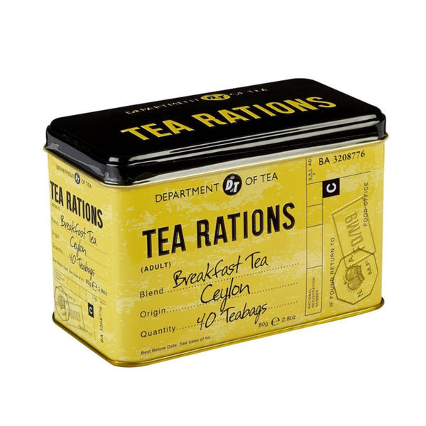 Tea rations tin with yellow and black design on a white background