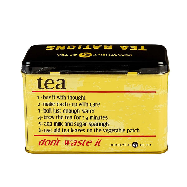 Backside of tea rations tin with yellow and black design, where this side provides a few directions for making tea