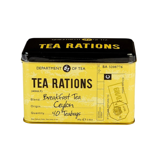 Yellow and black tea rations canister with 'Department of Tea' branding on front with title Tea Rations