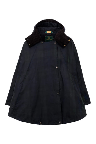 Ladies Dublin Tartan Wax Hooded Cape in Blackwatch Tartan - 100% Wax Cotton Cape with pockets, on white background