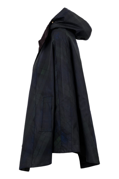 Ladies Dublin Tartan Wax Hooded Cape in Blackwatch Tartan - side view, on white background