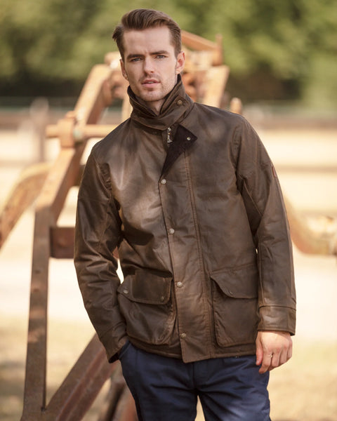 Men's Padded Wax Antique Coat in Caramel - 100% Wax Cotton Coat with pockets, on model