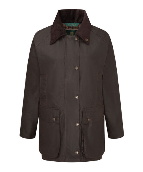  Ladies Countrygirl Waxed Jacket in Brown - 100% Waxed Cotton Jacket with pockets and two-way zipper, on white background