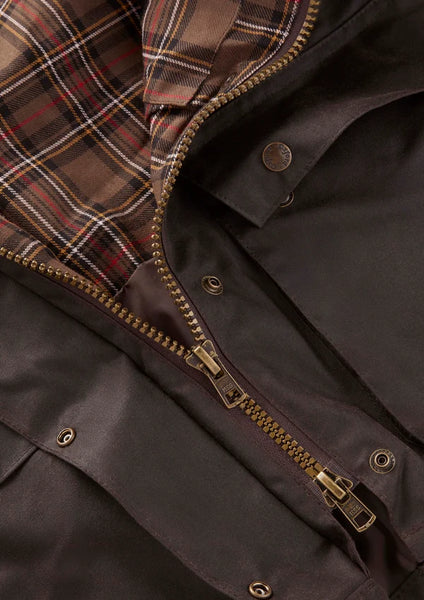  Ladies Countrygirl Waxed Jacket in Brown - close up on lining and zipper details