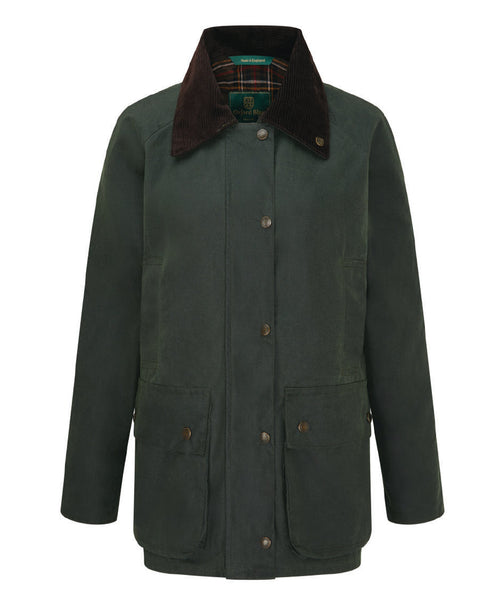  Ladies Countrygirl Waxed Jacket in Green- 100% Waxed Cotton Jacket with pockets and two-way zipper, on white background