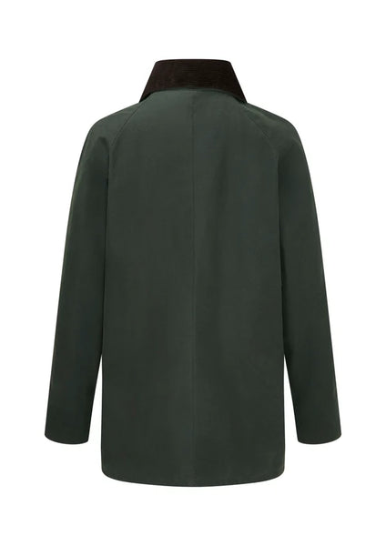  Ladies Countrygirl Waxed Jacket in Green- Back view, on white background