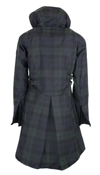 Ladies Waxed Tartan Hooded Katrina Coat in Blackwatch - back view, on white background.