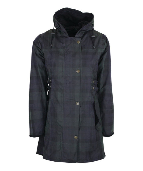 Ladies Waxed Tartan Hooded Katrina Coat in Blackwatch - 100% Waxed Cotton Coat with pockets, on white background.