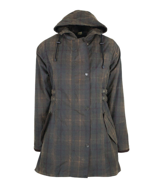 Ladies Waxed Tartan Hooded Katrina Coat in Honey- 100% Waxed Cotton Coat with pockets, on white background.