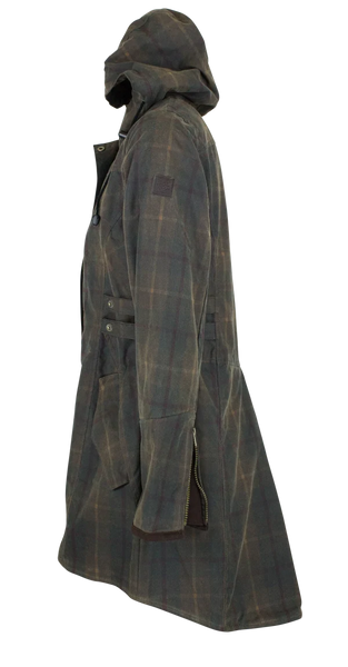 Ladies Waxed Tartan Hooded Katrina Coat in Honey- Side View, on white background.