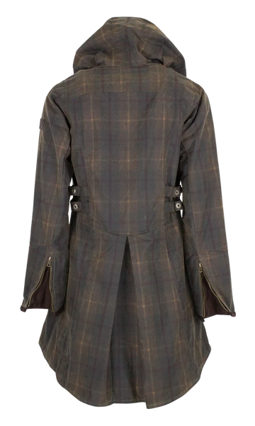 Ladies Waxed Tartan Hooded Katrina Coat in Honey- Back view, on white background.