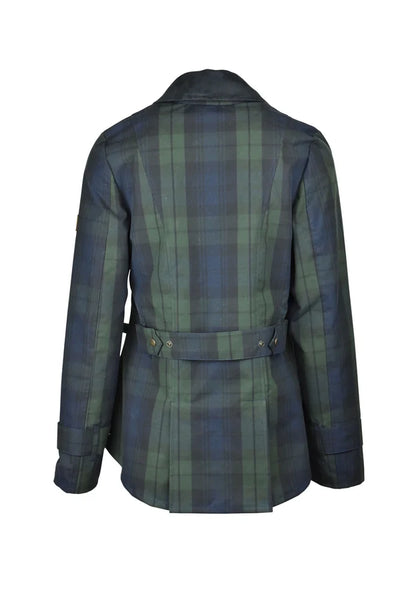 Ladies Oxford Blue washwax Ambre jacket in blackwatch, rear view showing rear belt with snaps to tighten or loosen along back.