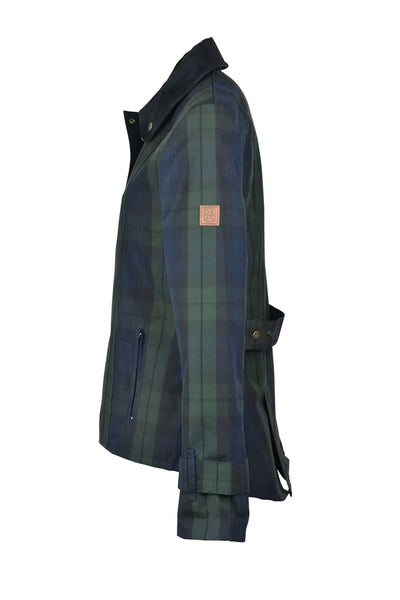 Ladies Oxford Blue washwax Ambre jacket in blackwatch, side view.