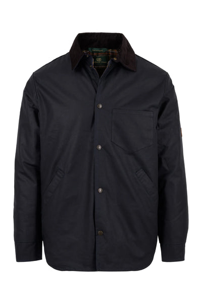 Men's Piti Wax Overshirt in Navy - Waxed Cotton Overshirt with Corduroy Collar, on white background