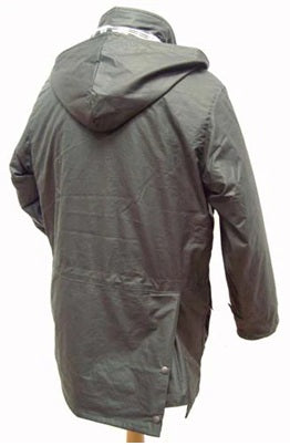 3 in 1 Waxed Jacket Olive Colour Rear View showing side vent at bottom of jacket