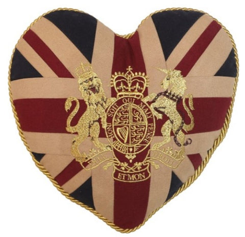 Union Jack Heart Shaped Cushion with Royal Crest