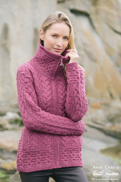 Beautiful Double Collar Short Cardigan Full Zip Berry Colour 100% Wool