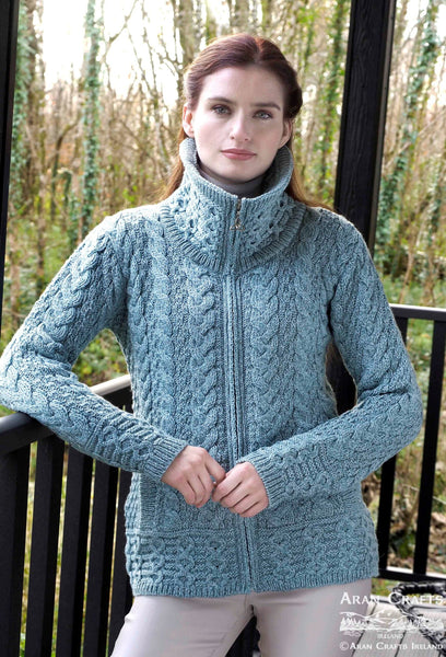 Double Collar Short Cardigan in Mermaid - 100& Merino Wool Cardigan with zipper, on model