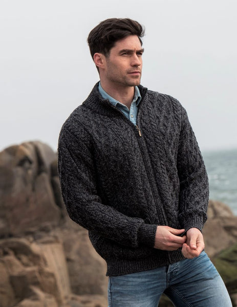 Men's Full Zip Cardigan in Charcoal - 100% Merino Wool Zip Cardigan with Pockets, on model
