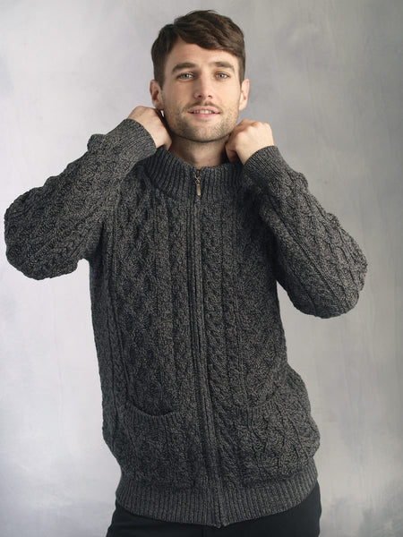 Men's Full Zip Cardigan in Charcoal - alternate view of collar, on model