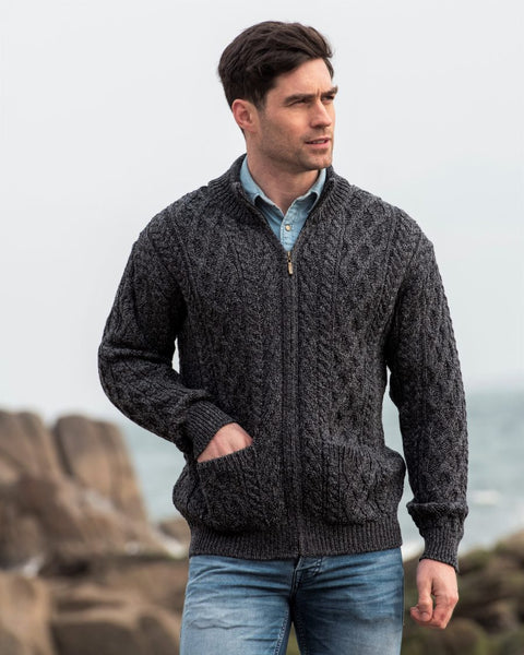 Men's Full Zip Cardigan in Charcoal - alternative view with focus on pockets, on model