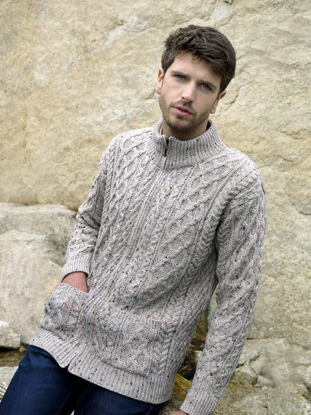 Men's Full Zip Cardigan in Charcoal - alternative view with focus on pockets, on model