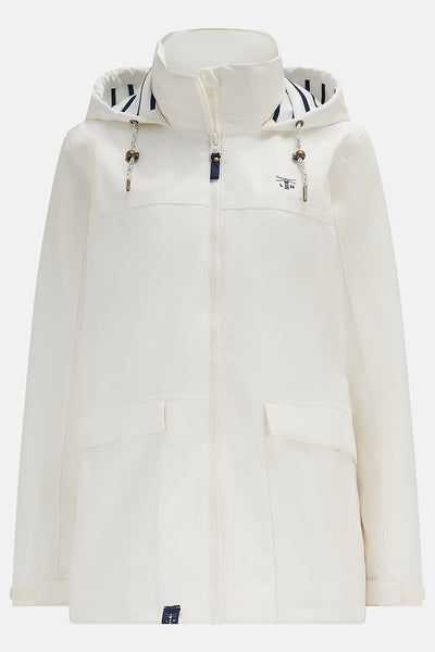 Lighthouse Beachcomber Jacket in Chalk- Waterproof and Breathable Polyester Rain Coat with striped lined hood and pockets, on white background