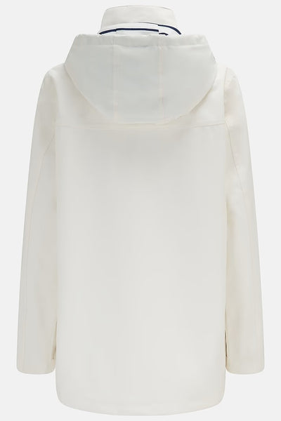 Lighthouse Beachcomber Jacket in Chalk- Waterproof and Breathable Polyester Rain Coat with striped lined hood and pockets, back view of coat on white background