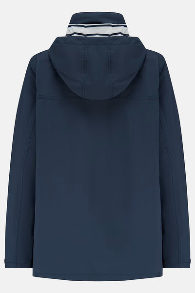 Lighthouse Beachcomber Jacket in Navy- Waterproof and Breathable Polyester Rain Coat with striped lined hood and pockets, on background