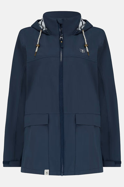 Lighthouse Beachcomber Jacket in Navy- Waterproof and Breathable Polyester Rain Coat with striped lined hood and pockets, on white background