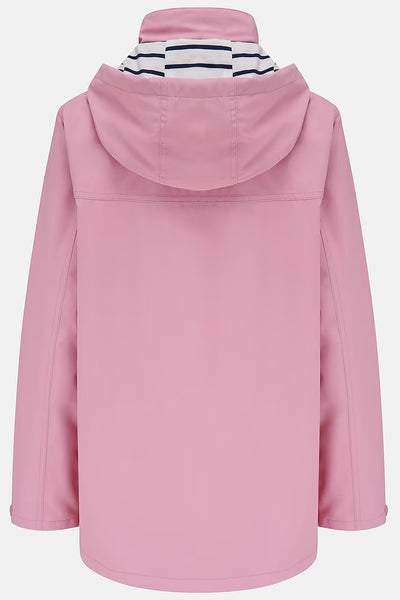 Backside of Pink Lighthouse Beachcomber hooded jacket with a striped lining inside the hood.
