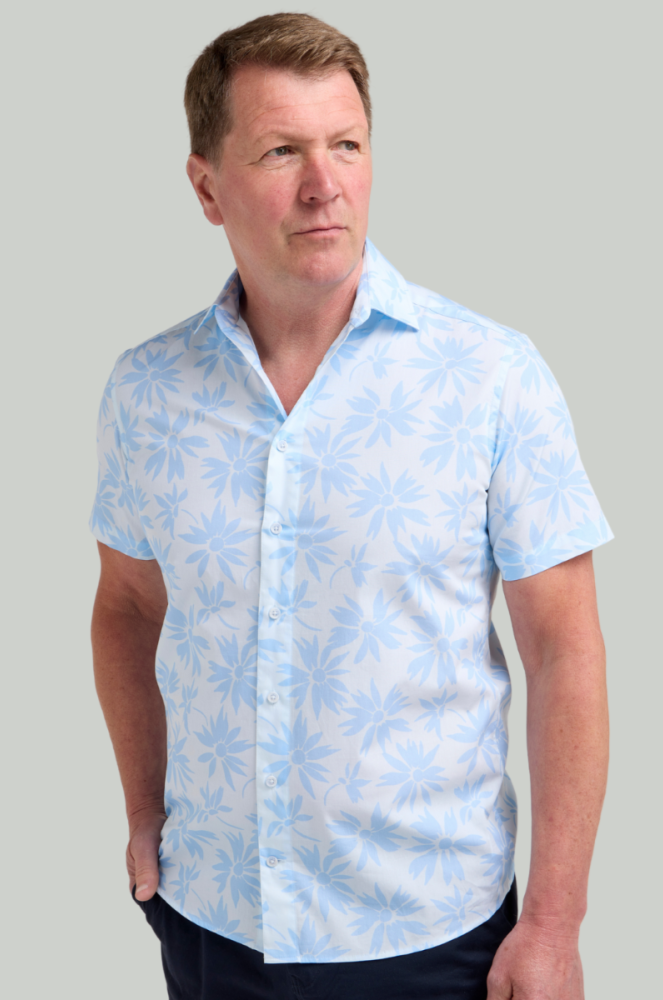 Aqua Floral Print Short Sleeve Shirt Front View on Model