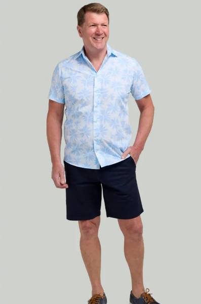 Aqua Floral Print Short Sleeve Shirt Front View on Model