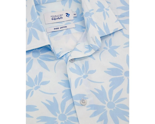 Aqua Floral Print Short Sleeve Shirt Up Close of Collar and Buttons