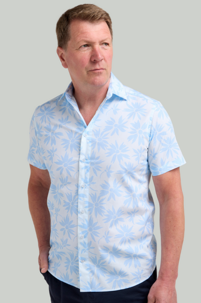 Aqua Floral Print Short Sleeve Shirt Front View on Model