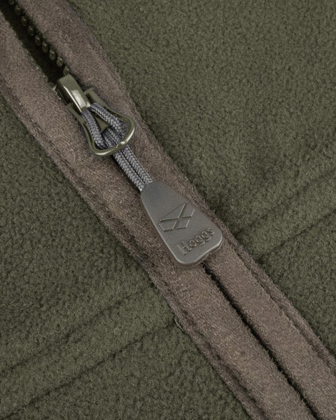 Woodhall Fleece Gilet up close view of the zipper and brown trim in olive colour