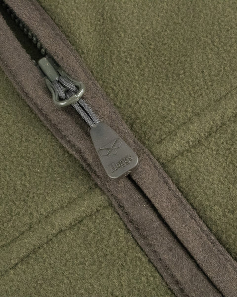 Woodhall Fleece Jacket in Olive with an upclose view of the piping trim and zipper pull