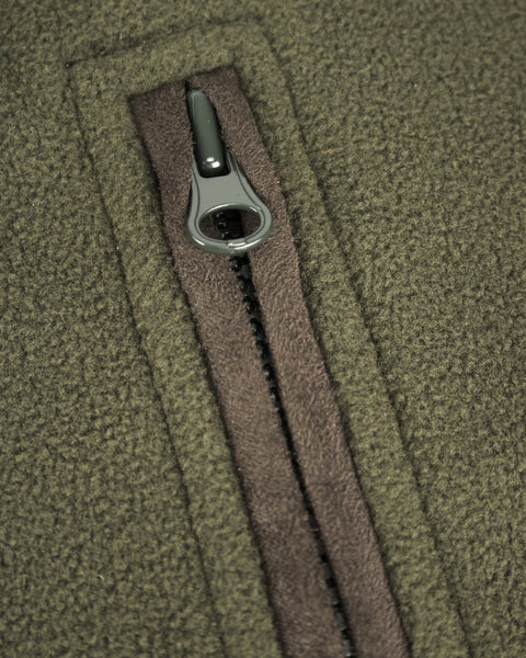 Woodhall Fleece Jacket in Olive colour showing an upclose view of the zippered pocket