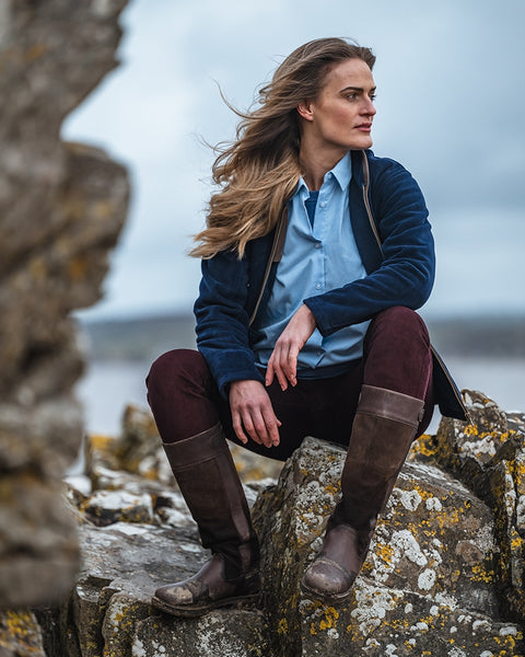 Stenton Ladies Fleece Jacket Midnight Navy worn by model with scenic landscape