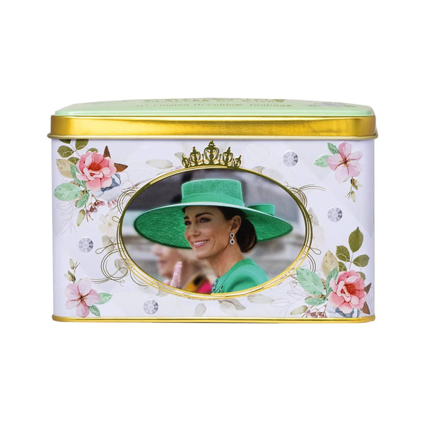 Princess of Wales Tea Tin with Decorative Imagery looking straight on