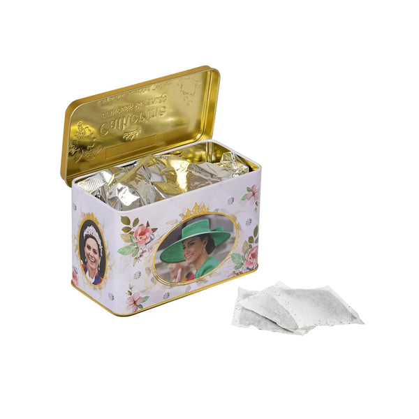 Princess of Wales Tea Tin with Decorative Imagery showing the tin open and 3 teabags sitting on white table