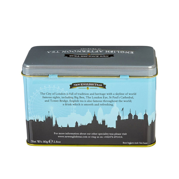 Tin box of English Afternoon Tea with London skyline design showing backside of tin.